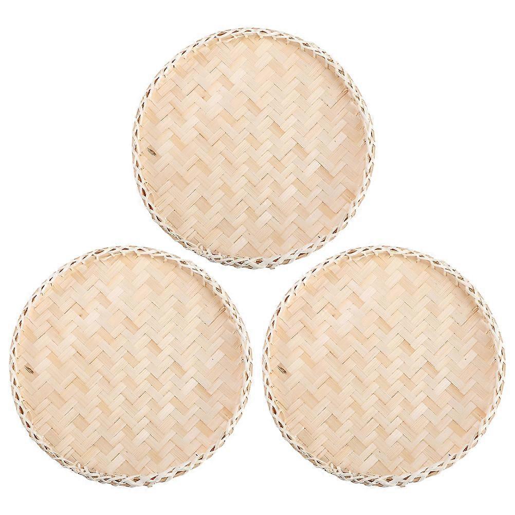 Woven Bamboo Plate Baskets Flat Tray For Restaurant Owners 3Pcs