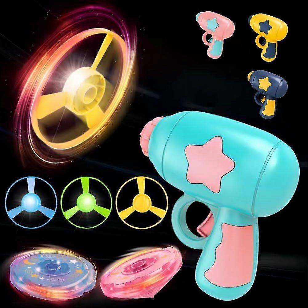 3IN1Flying Disc Launcher Kids Toy with 1Flying Saucer Gun 4Cat Fetch Parachute 1Luminous Propeller, Gyroscope Games(Light Blue Style)