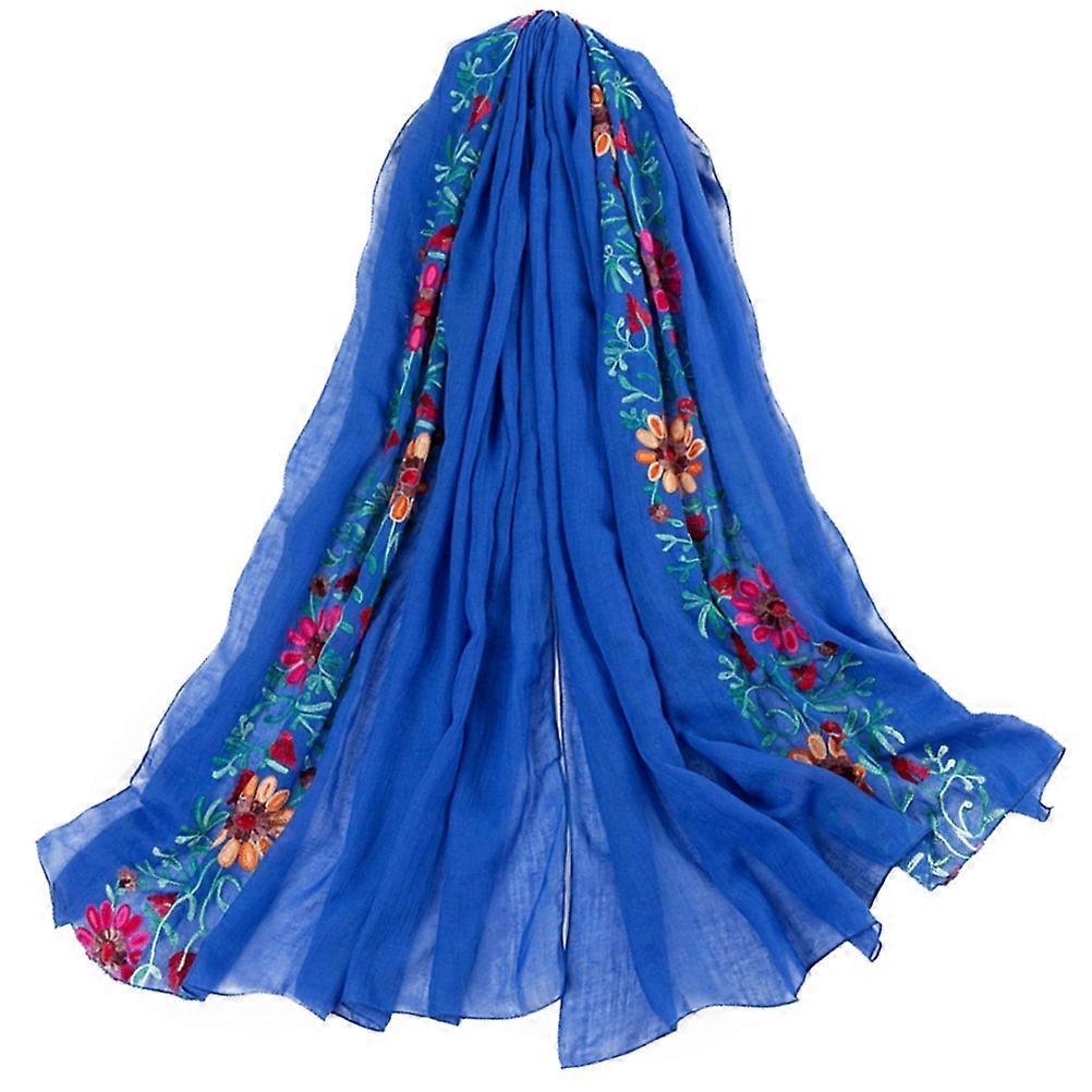 Floral Pattern Scarf Shawl Wraps For Women Classic Royal Blue Cotton Linen Dressing Decoration 1Set