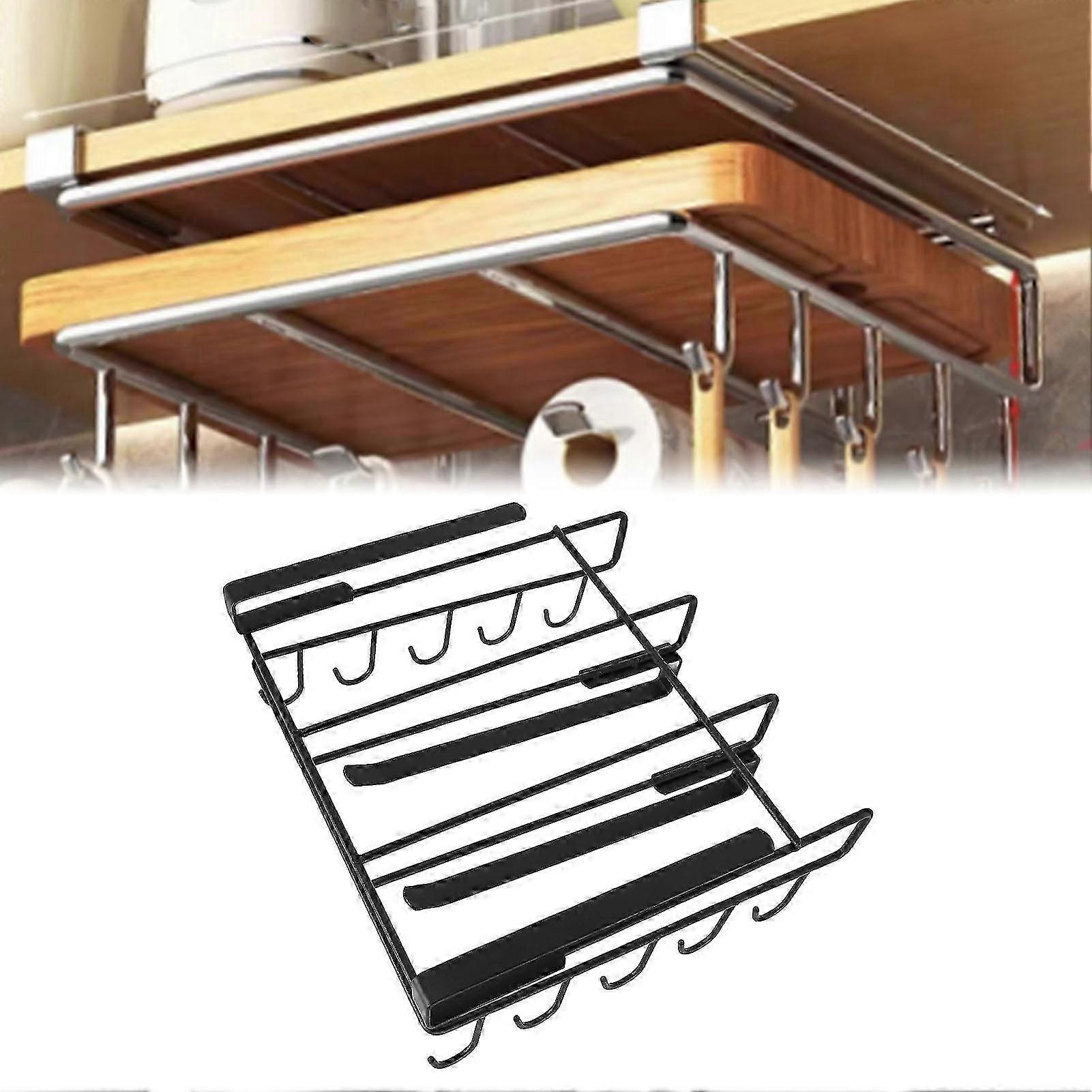 Stainless Steel Under-Cabinet Hanging Shelf Rack with Hooks - Versatile Storage for Cutting Boards, Cups, Paper Towels & Kitchen Utensils in