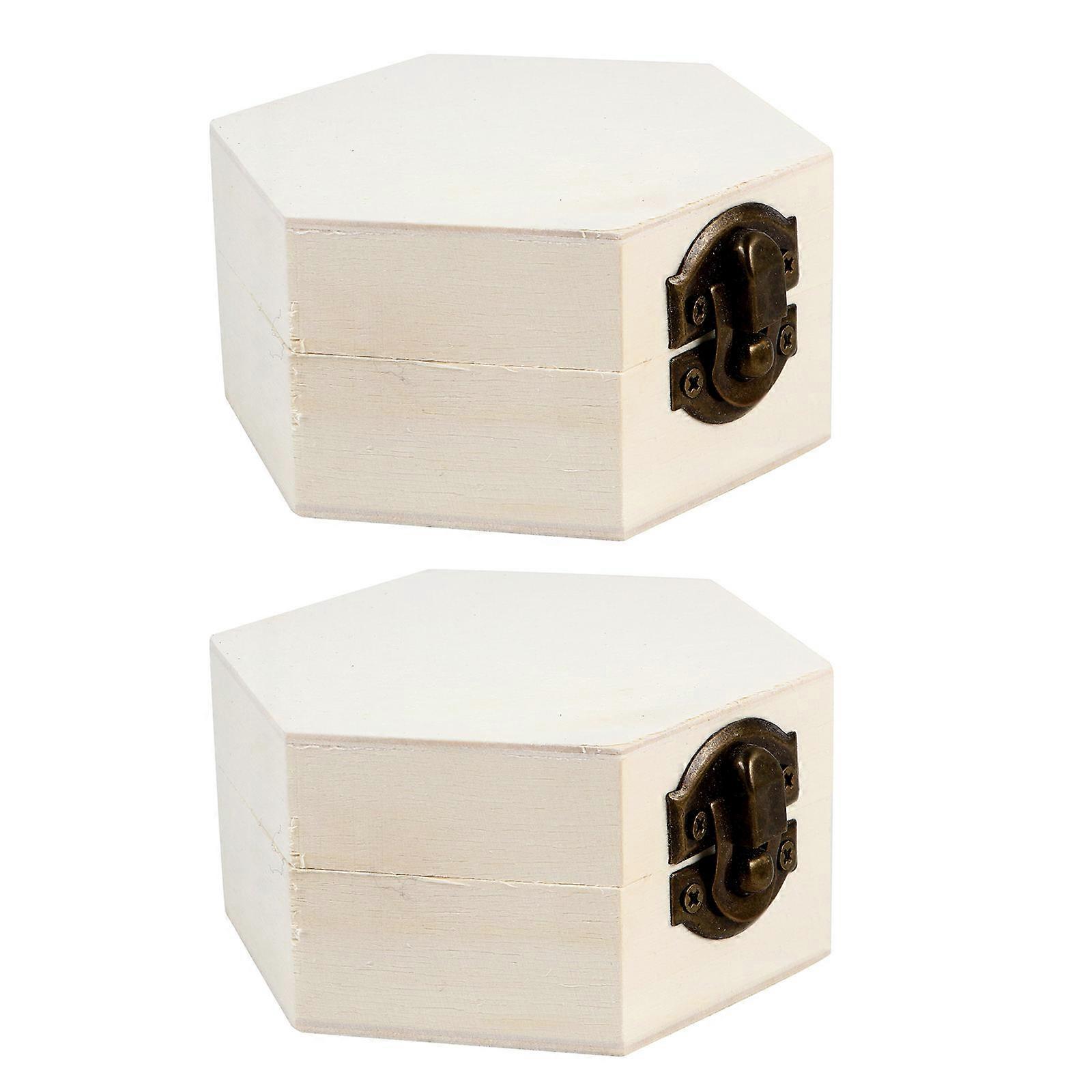 Wood Trinket Box Hexagonal Shape Retro Buckle Design Jewelry Storage 8X4.3CM 2Pcs