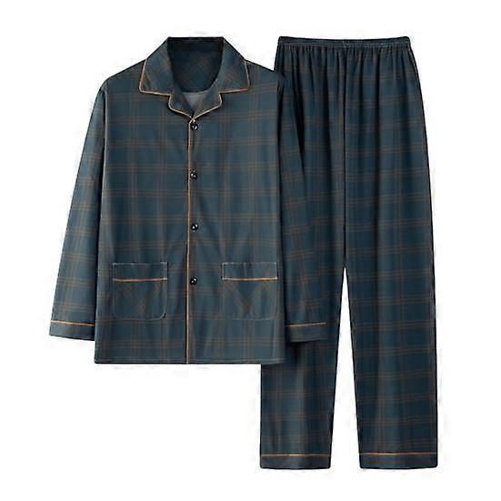 2Pcs/Set Men Pajamas Set Plaid Print Lapel Long Sleeve Single Breasted Shirt Elastic Waist Long Pants