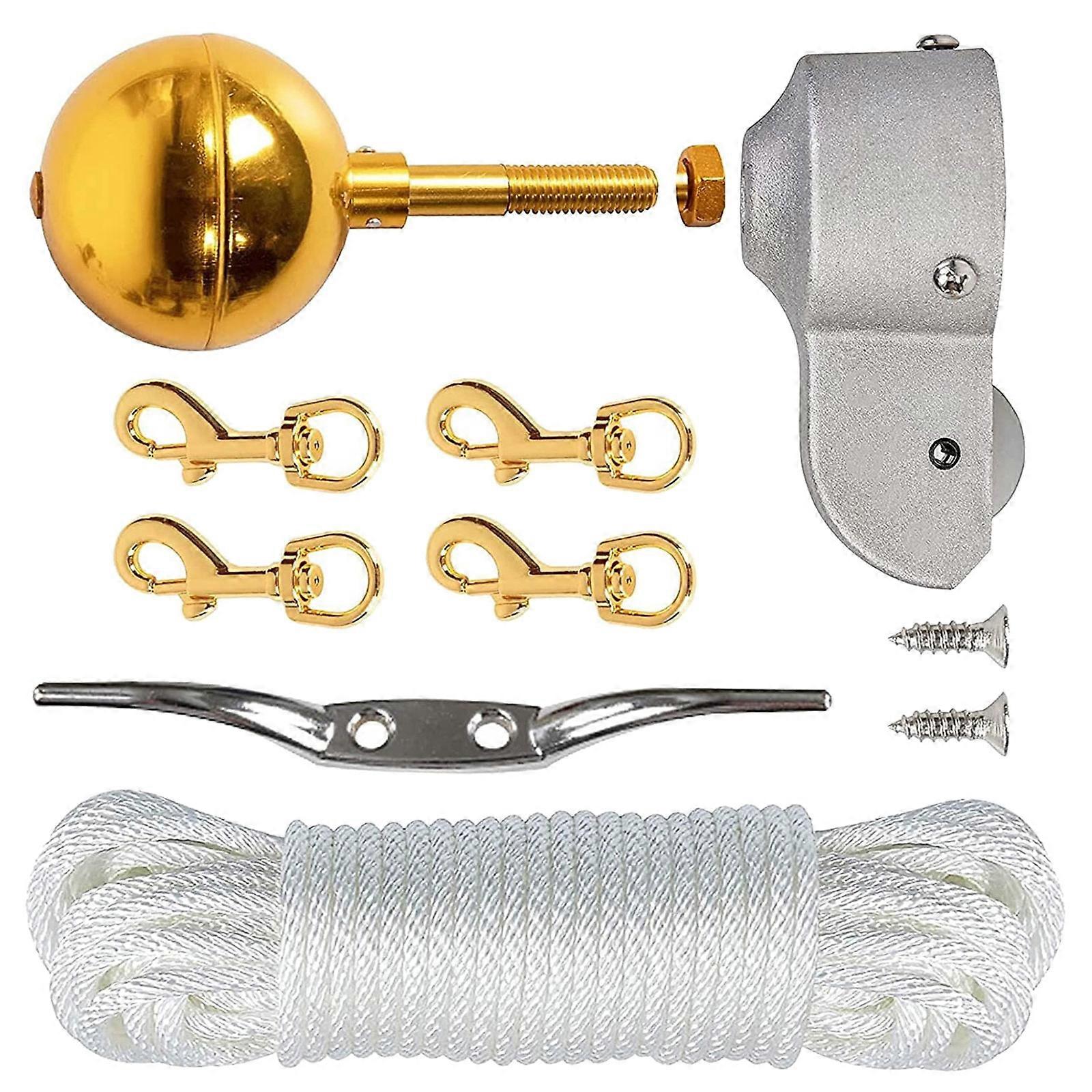 Conjunto de ferragens para mastro de bandeira em alumínio resistente, incluindo porca de travamento esférica dourada de 7,6 cm e polia de nylon de 5 cm para mastros de bandeira de jardim. Cor dourada.
