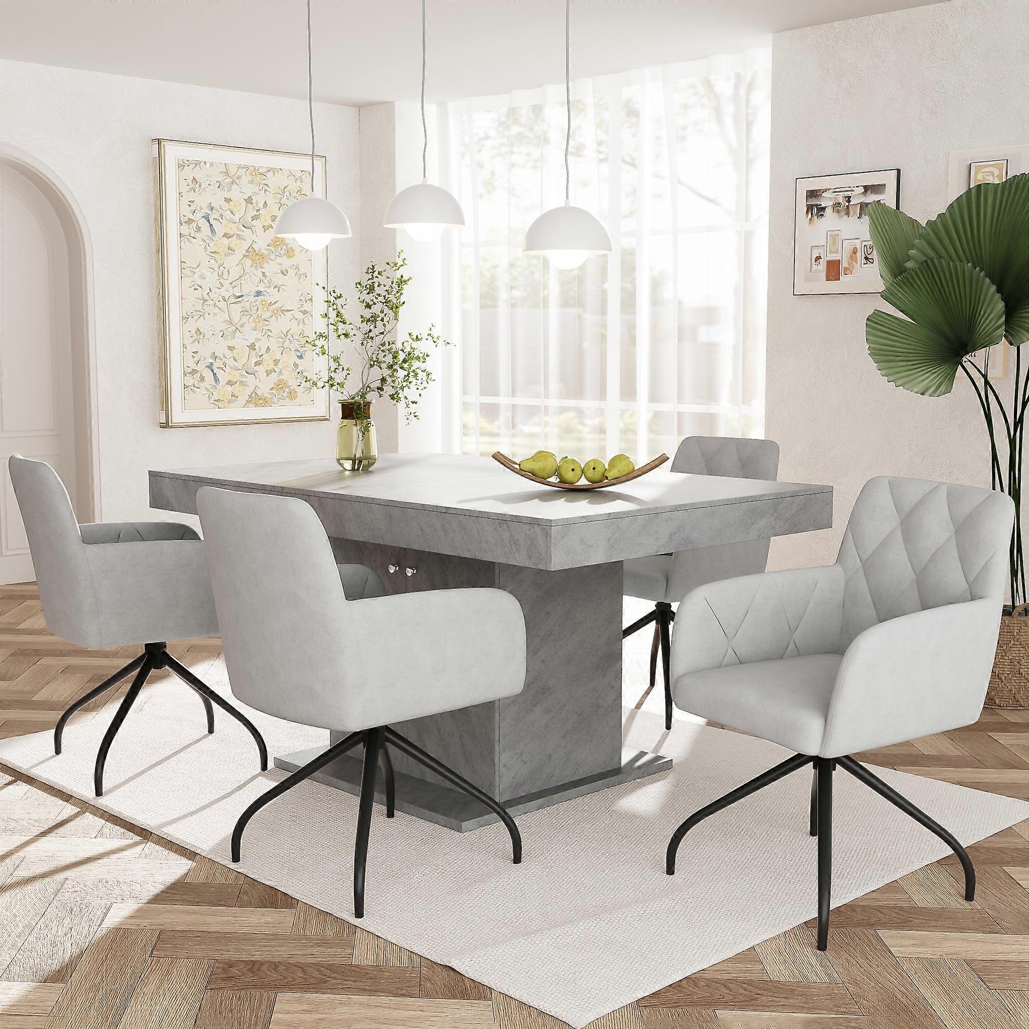 Conjunto de cadeiras de sofá de lazer de quatro peças Kashemano, almofadas cinza, pernas de apoio pretas, estilo casual, função giratória de 360 °.