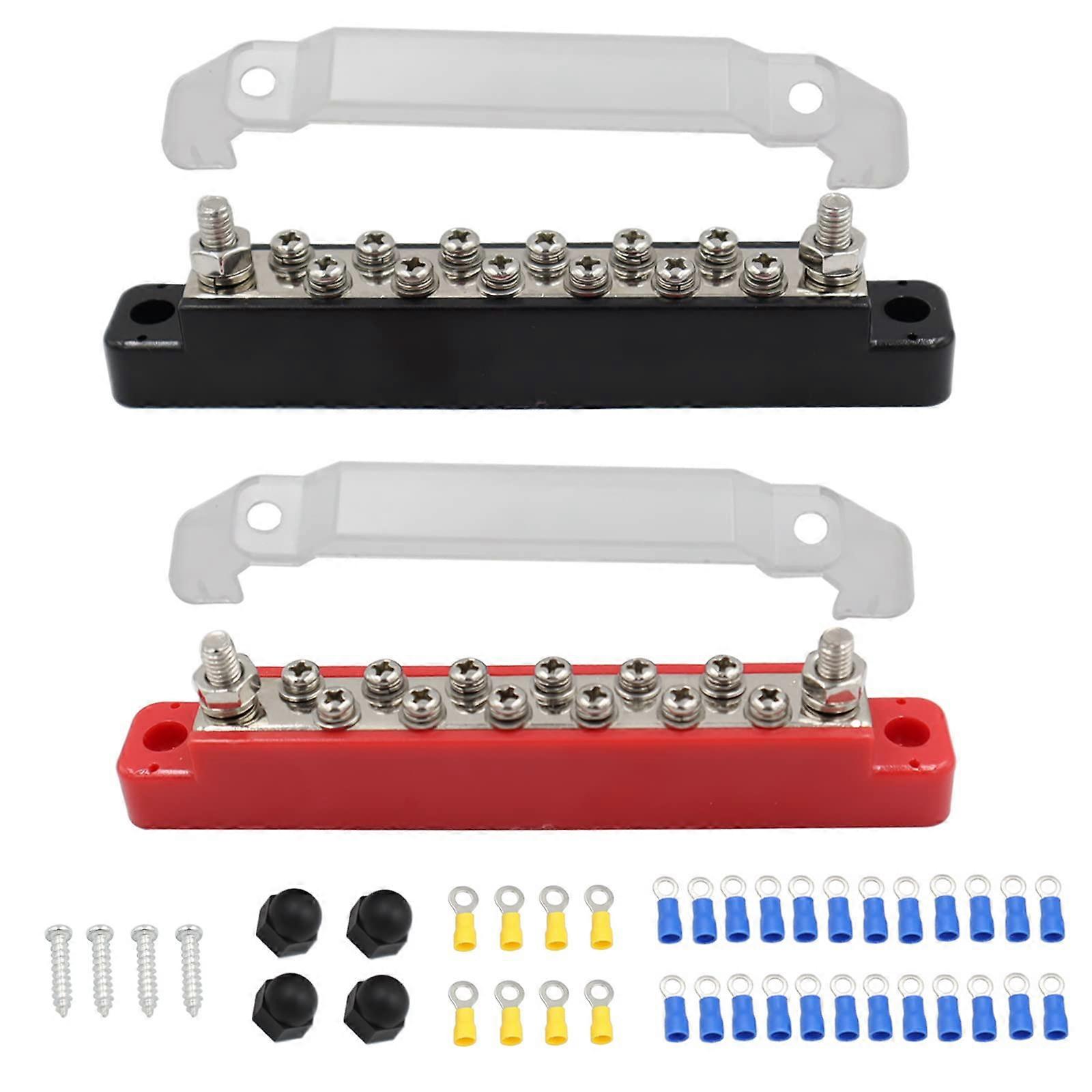 General 150A Busbar Distribution Block with 2 M6 Bolts, 12 M4 Screw Terminals, 12V-48V DC Grounding Strip for RV, Car, Boat, Marine