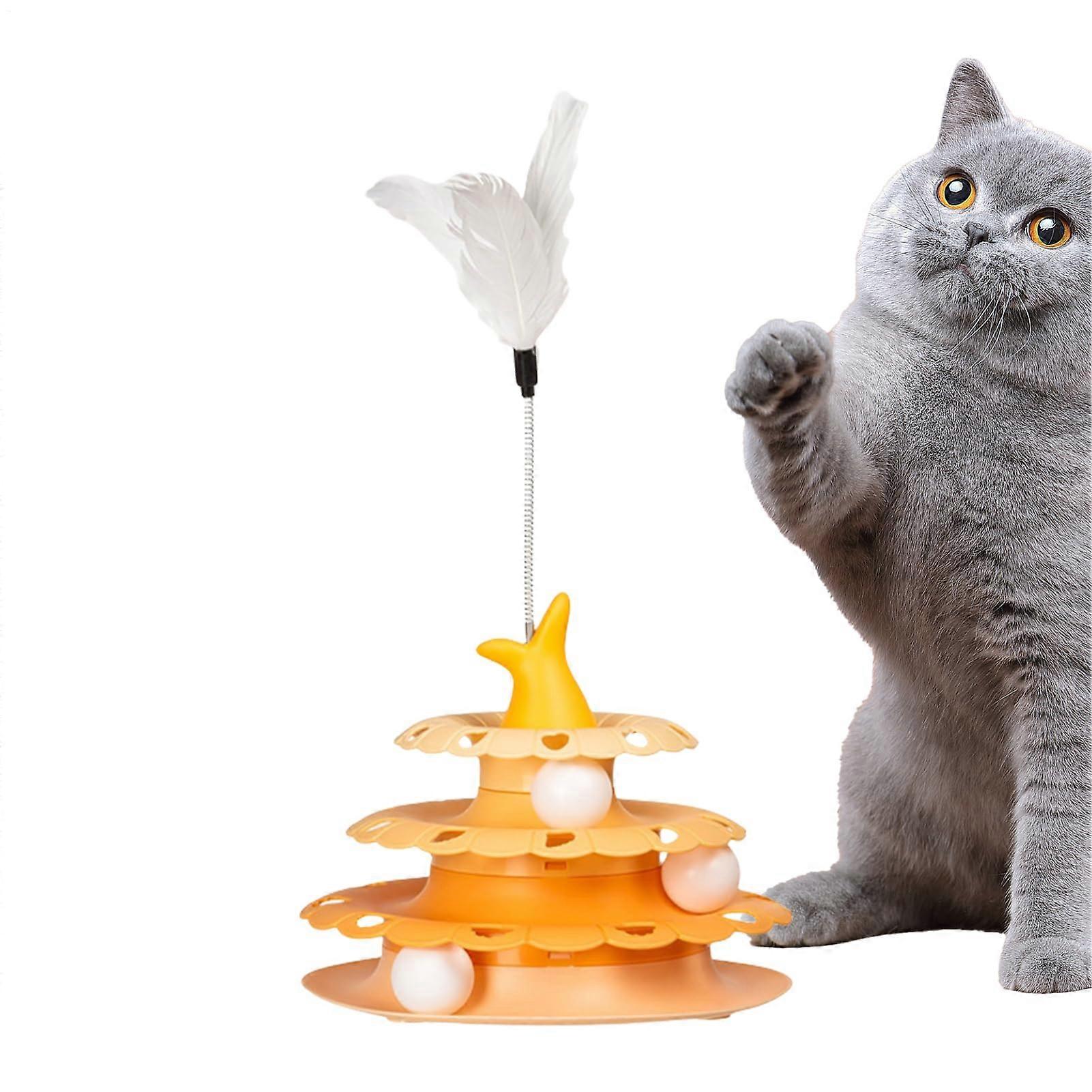Interactive Cat Feather Toy with Ball Track and Teaser Stick for Kittens and Cats, Yellow