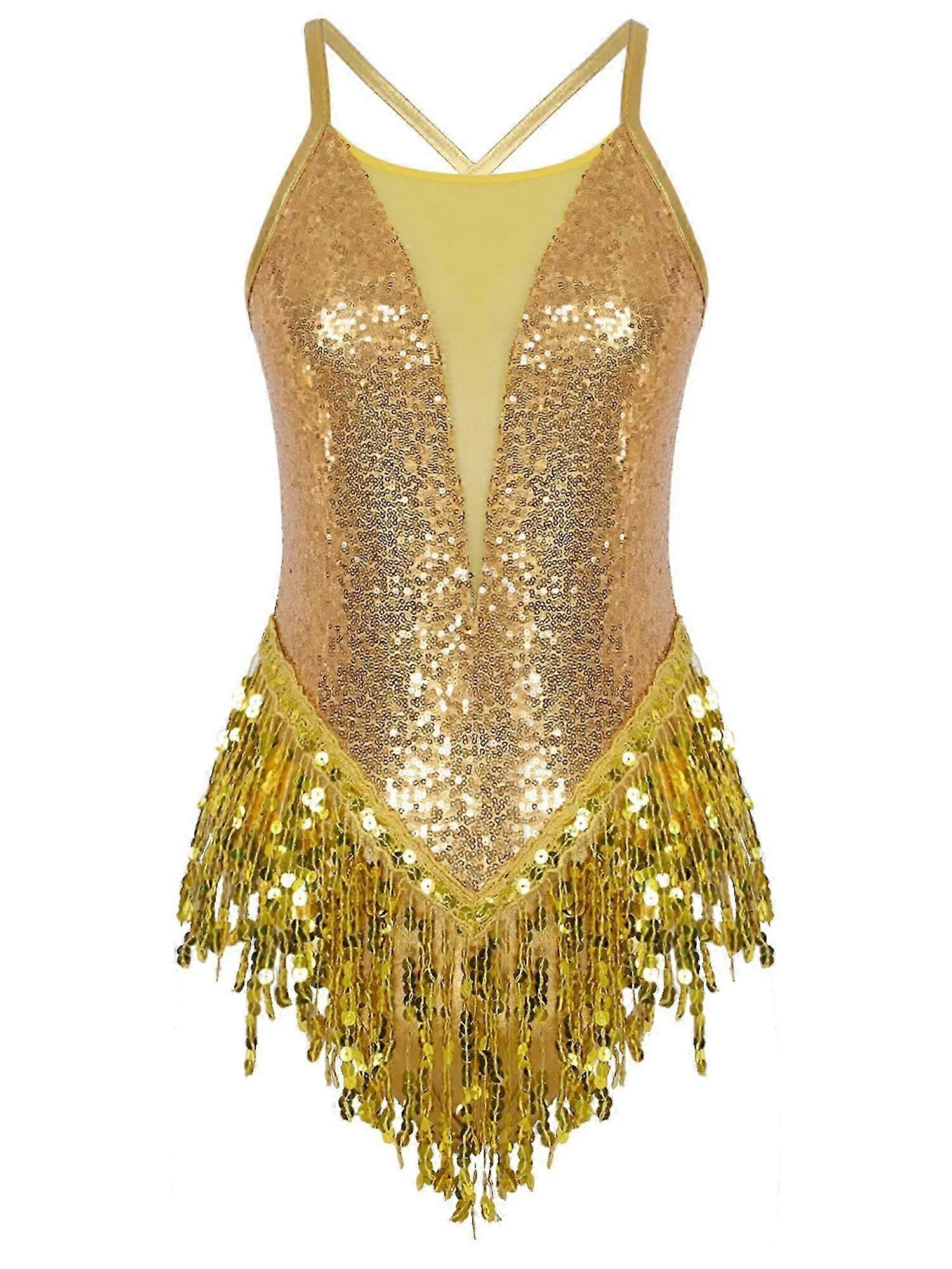 Womens Sparkling Sequins Tassels Cha-cha Samba Latin Dance Leotard Bodysuit Skating Gymnastics Jumpsuit Performance Costumed