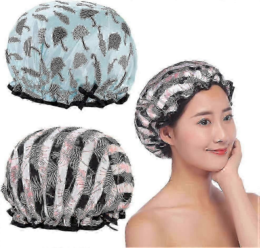 2pcs Reusable Shower Caps Women's Spa Cap Double Layers Waterproof Bath Caps