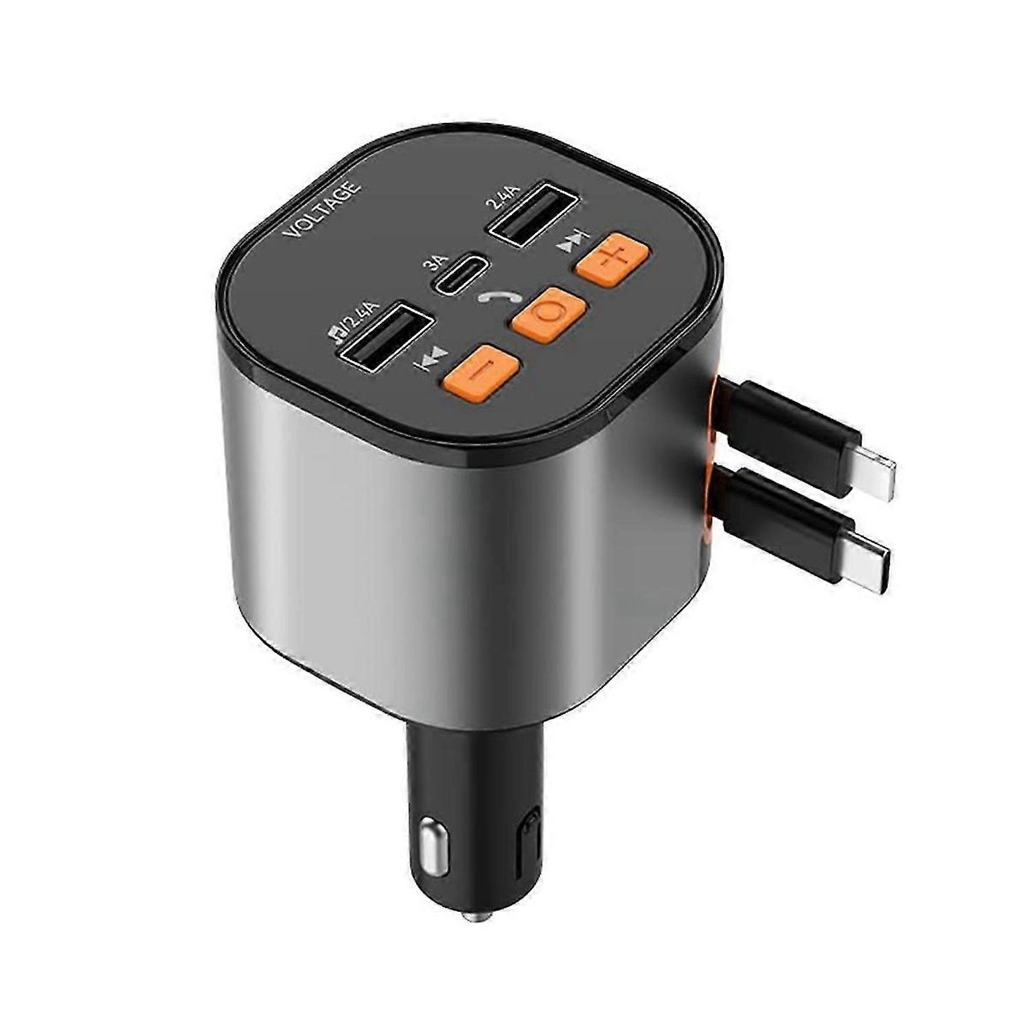 Retractable Car Charger, Bluetooth FM Transmitter Adapter, Handsfree Call Car Charger, 5-in-1 Fast C