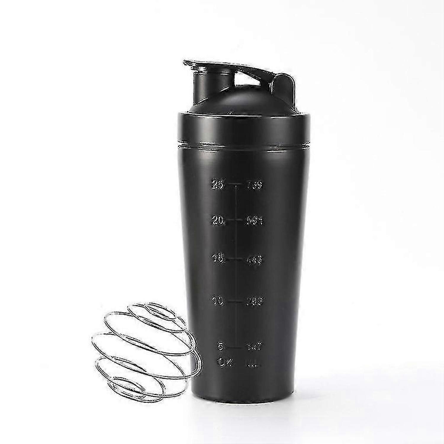 Stalowa butelka do koktajli białkowych z oznaczeniem miarki blendera, bez BPA, do użytku na siłowni i w sporcie.