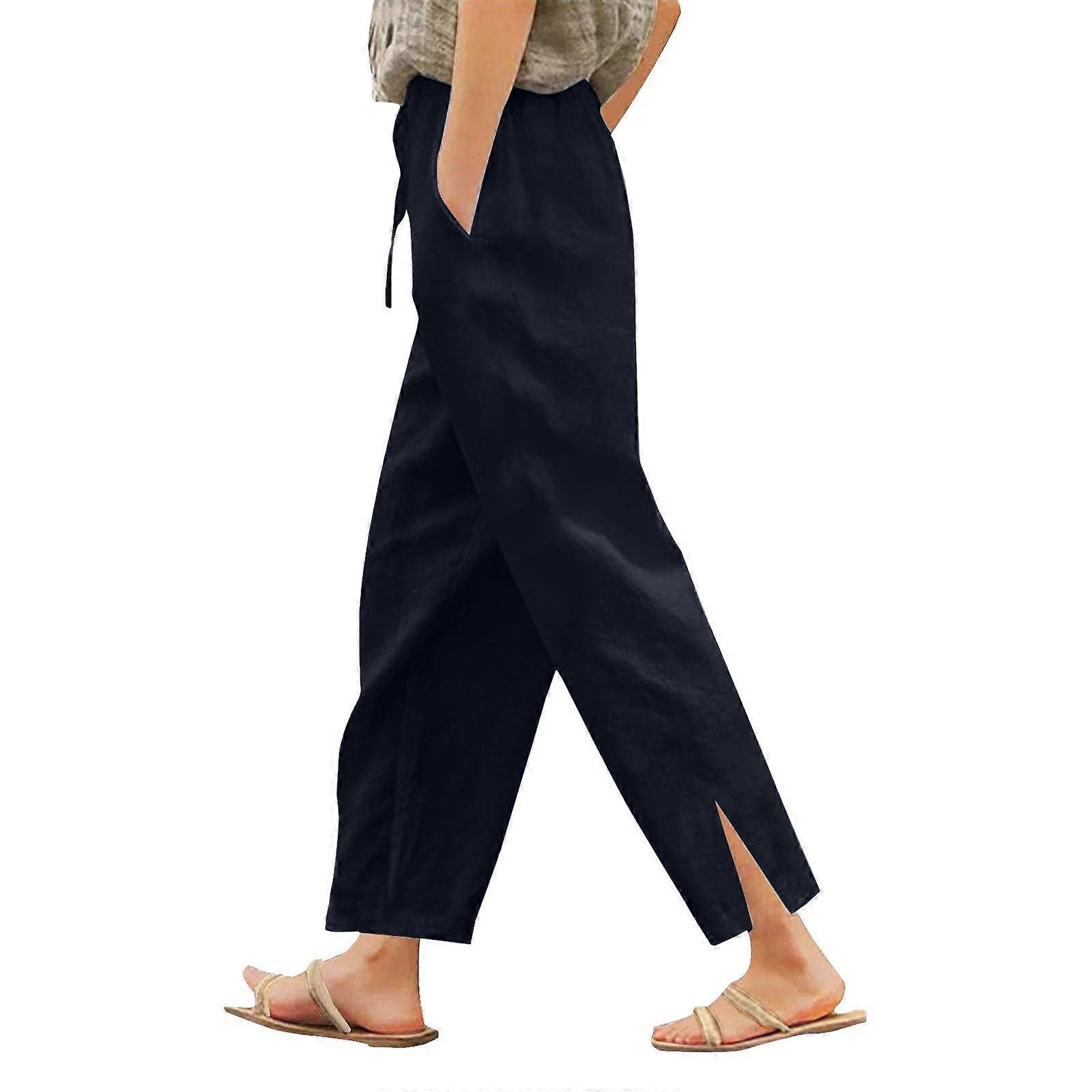 Summer Trousers Women's Linen 7/8 Trousers Waist Boho Beach Pants Lightweight Airy Drawstring Pockets Navy XL