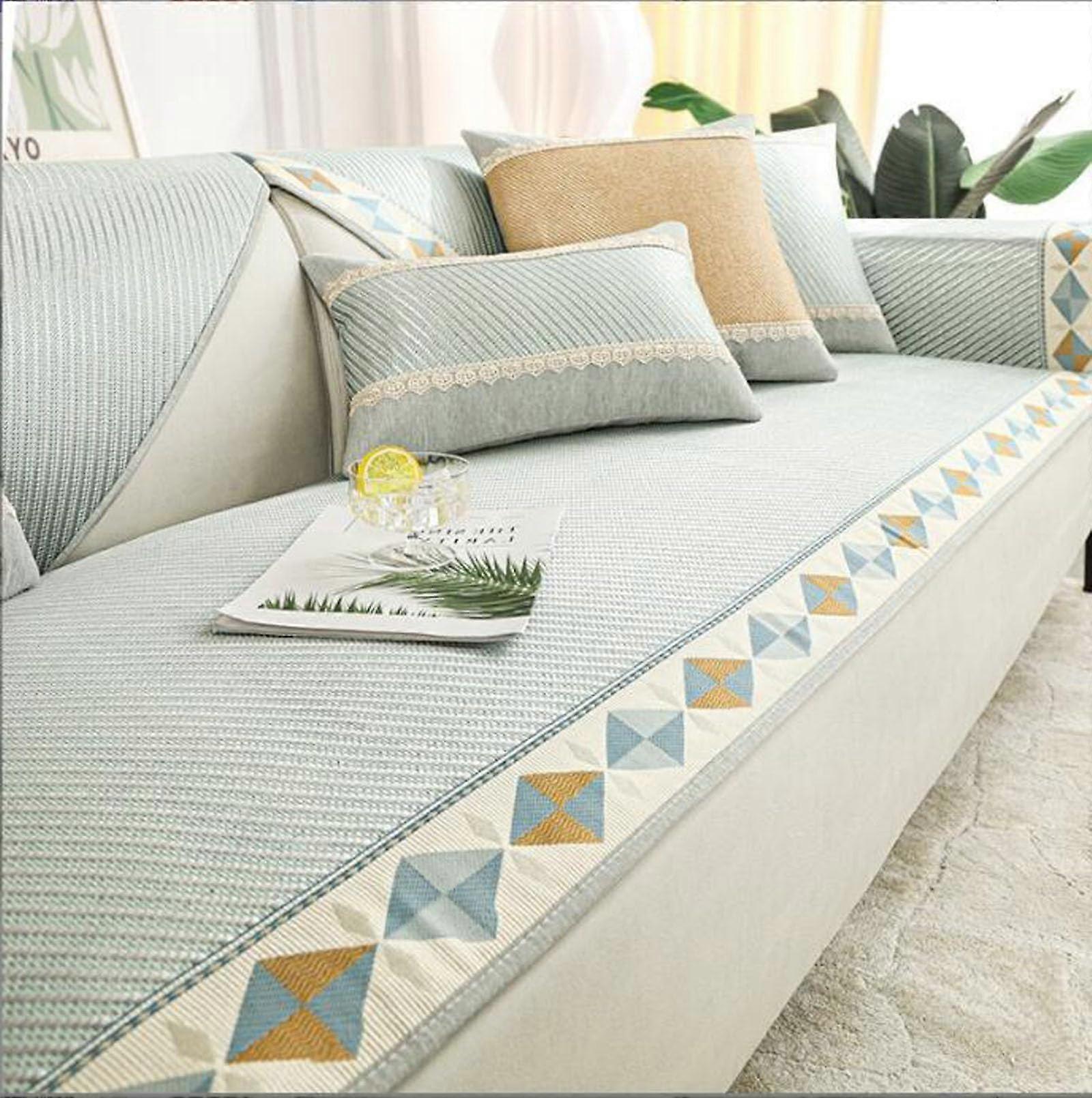 Wormwood Vine Mat Cushion For Summer Ice Silk Anti Slip Sofa Cover With Wide Back Elastic Band 80x180 Gray Blue