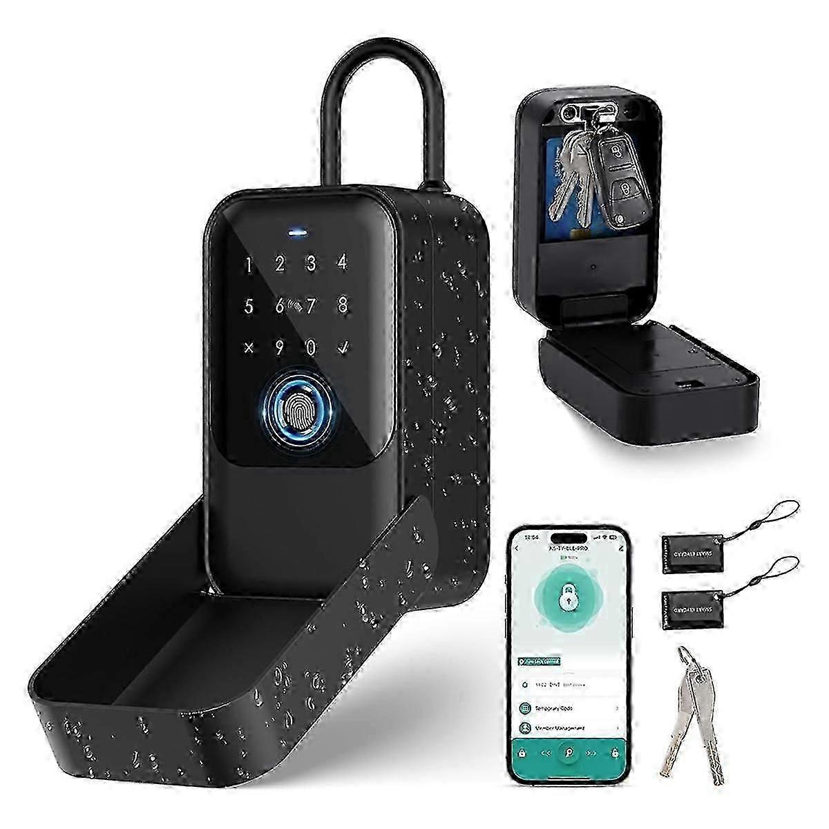 Smart Key Lock Box, Bluetooth Lock Box with Fingerprint & Passcode & Access Card & Manual Key & APP Control, Fingerprint