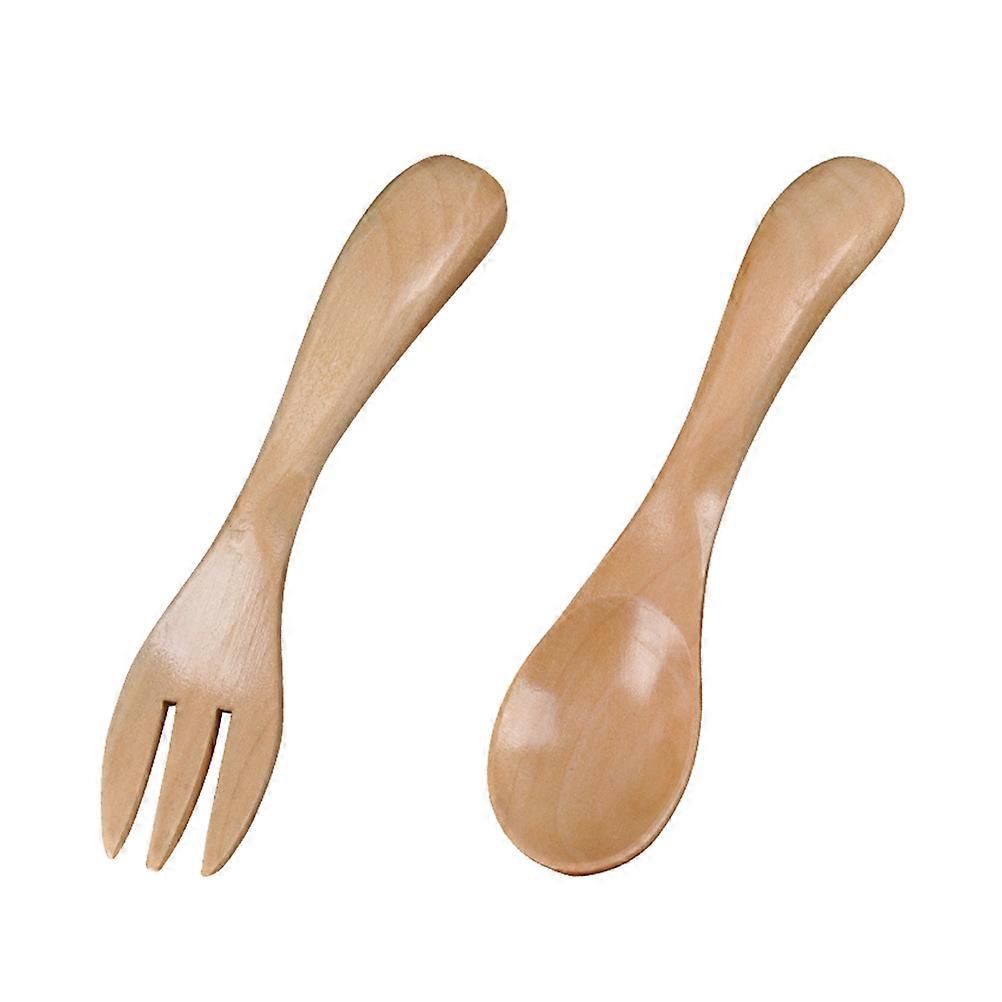 Wood Tableware Spoon Fork Solid Wood Flatware for Children 6Pcs