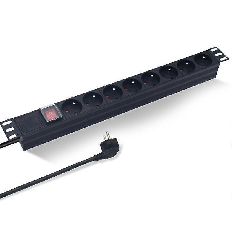 19-inch Rackmount Power Strip, 8 Schuko Socket Strip with Switch, 1.80m Cables, CEE 7/7 Plug
