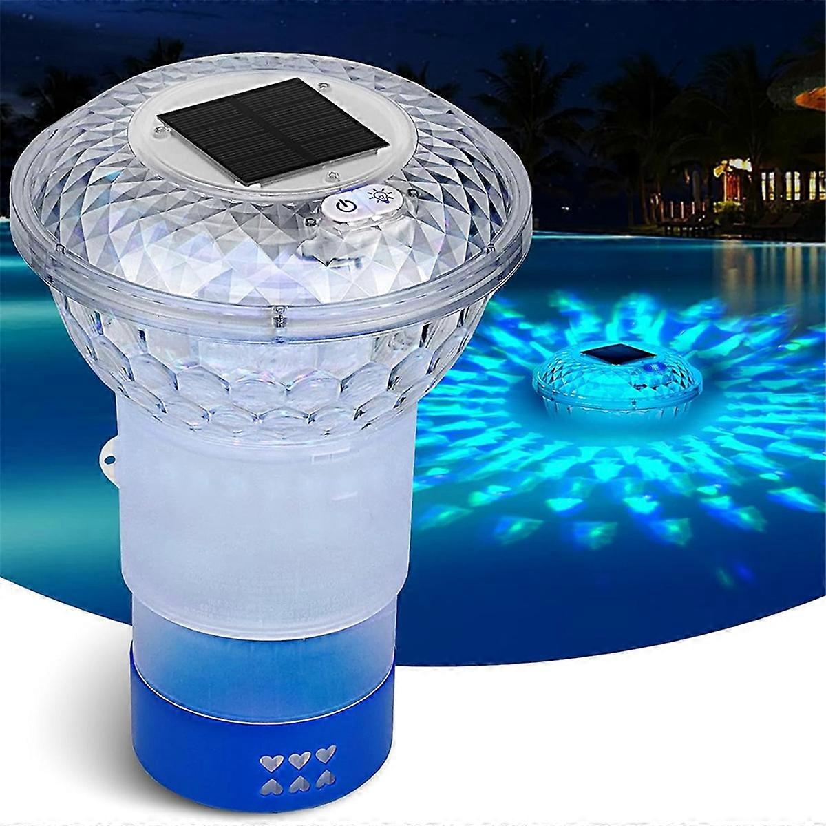 Solar-Powered Chlorine Floater with Colorful Lights, Pool Chlorine Dispenser for 1 Inch & 3 Inch - Floating Pool Decor