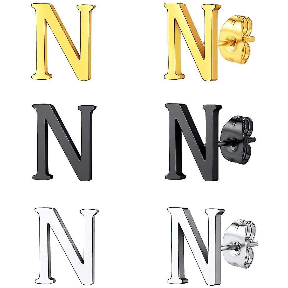 Earrings Letter N Initial Earrings 3 Pairs Stud Earrings Set Stainless Steel Alphabet To Z Letter Studs