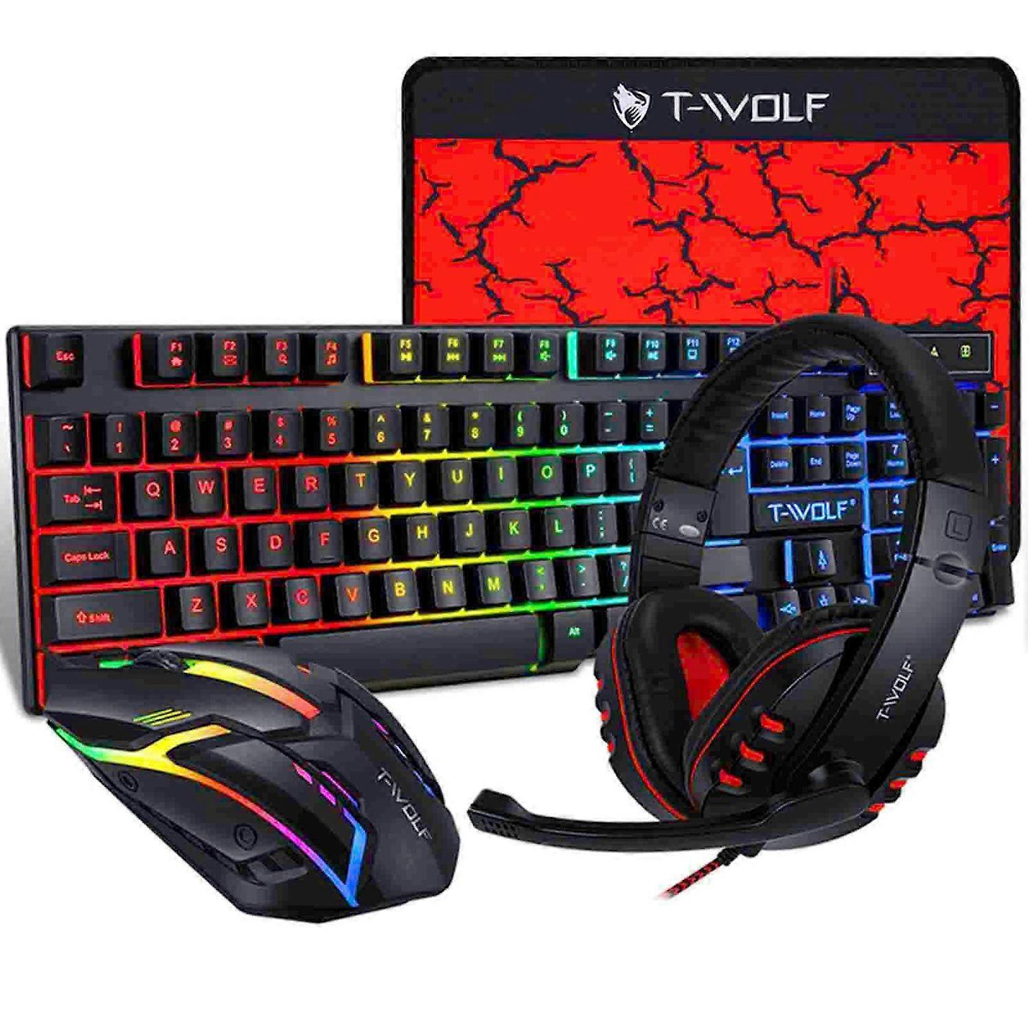 T-WOLF TF800 Four-piece Gaming Combo 104 Keys Keyboard 4-color Breathing Light Mouse 3.5mm Gaming He
