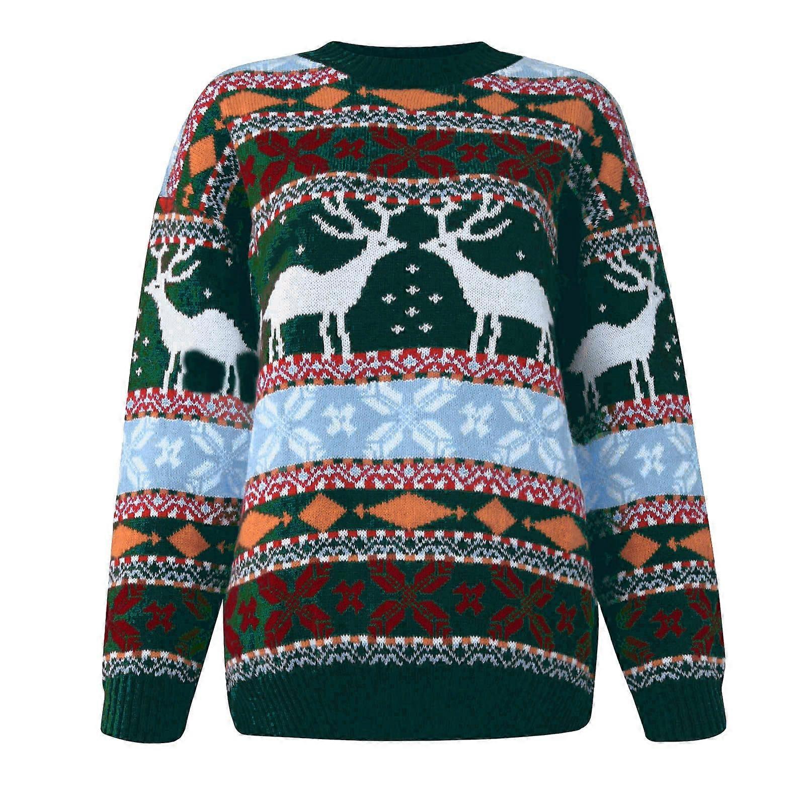 Women's Christmas Sweater, Warm Long-Sleeved Striped Top with Snowflake Pattern, Casual Style  Green XL