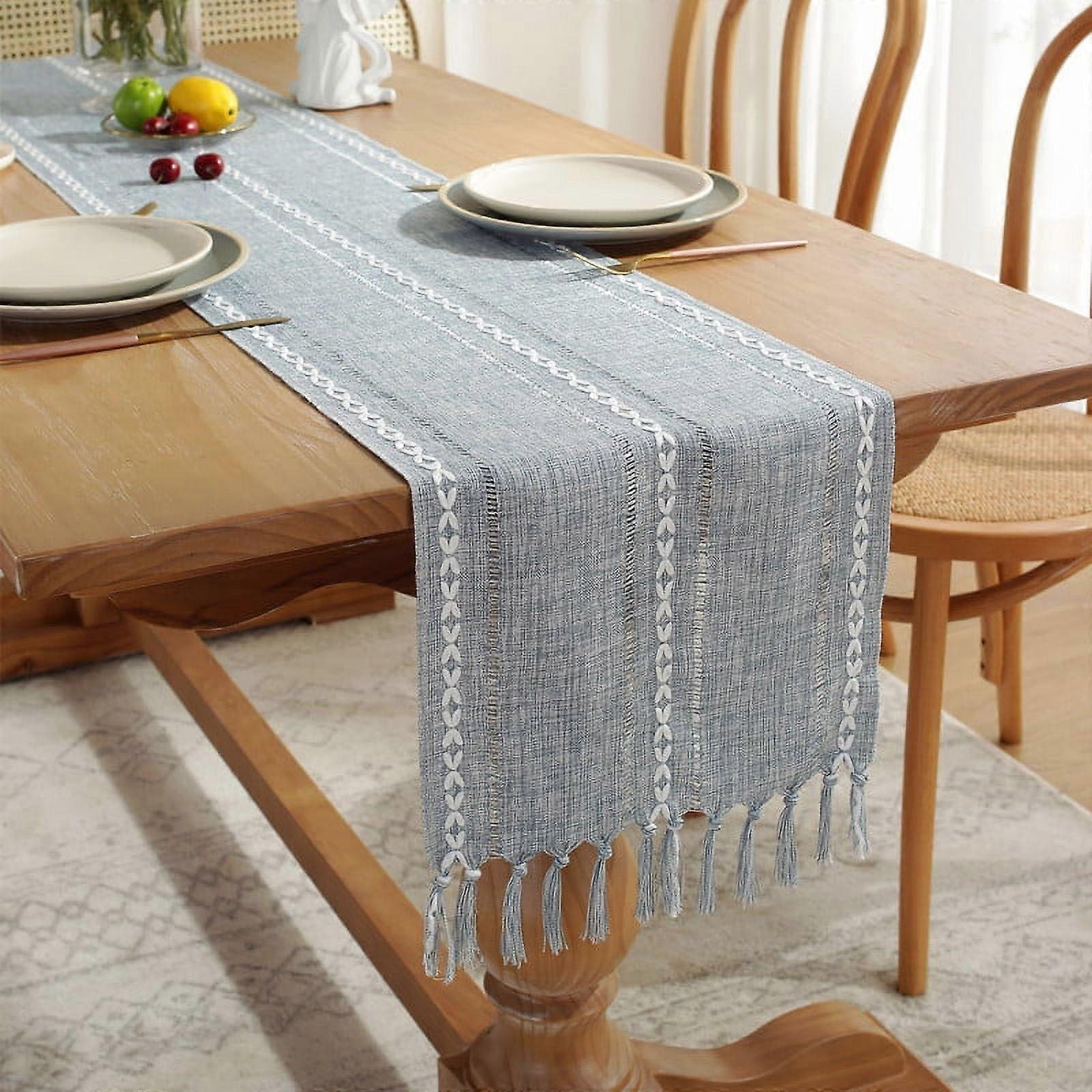 Cterwk Table Runner with Tassels, Embroidered Cotton Linen Table Runner Boho Table Runners for Christmas Party and Wedding, 90x13 Inches