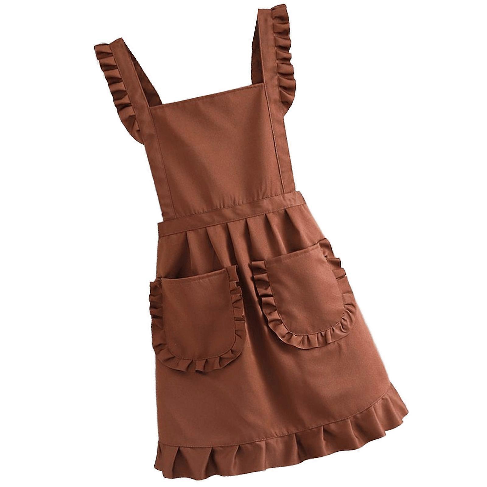 Elegant Ruffle Trim Bowknot Apron in Solid Color Waitress Apron with Adjustable Strap for Kitchen Cooking and Crafting  716 coffee color