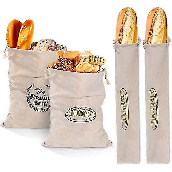 4 linen bread bags with drawstring, natural, breathable