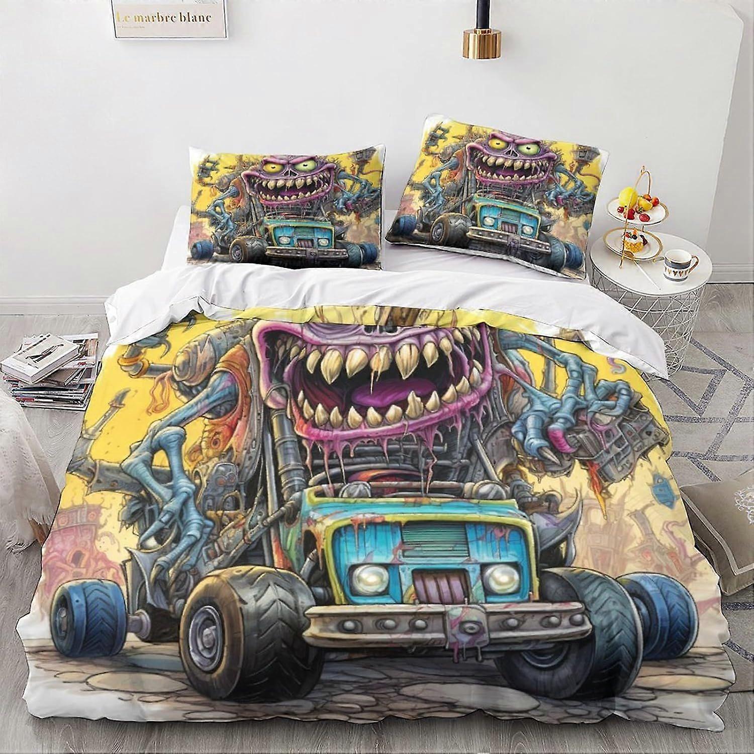 LikeEj Monster 3D خمر سيارة لحاف مجموعات ، 100 ٪ ستوكات الكرتون طقم الفراش مع وسادة وسادة 3 قطع الفراش الملك