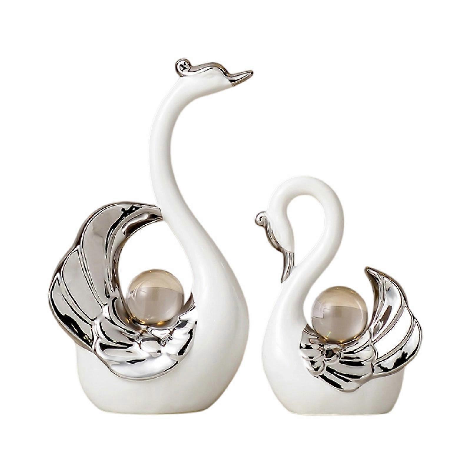 Artistic Ceramics Duck Pair Sculpture Set with Lamp Circle Home Office Decoration For Bookshelves Tabletop Display  Silver