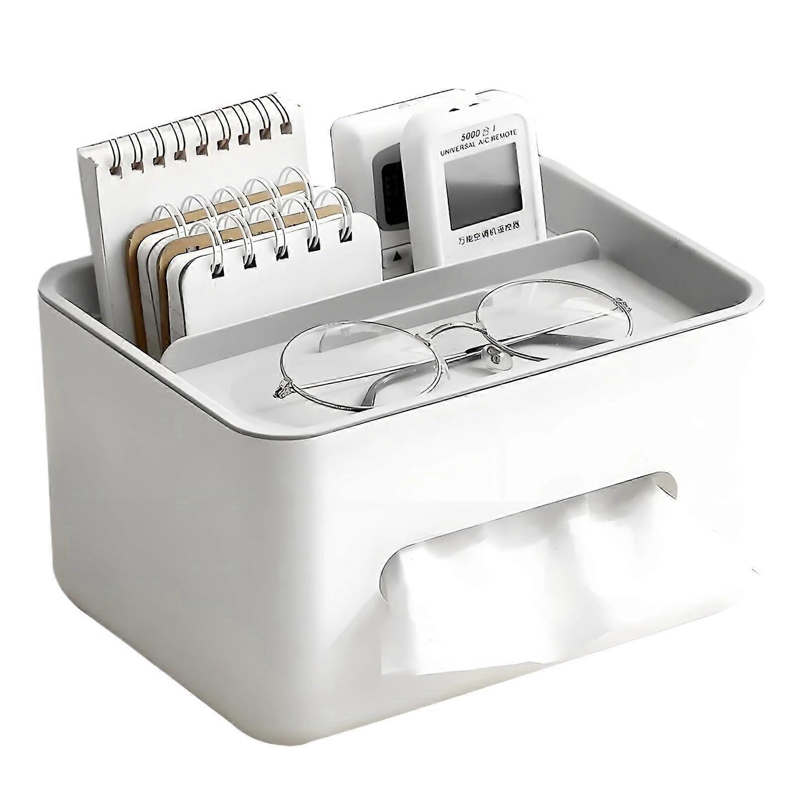 Tissue Box with Storage Compartments Napkin Holder Desk Organizer for Home Office