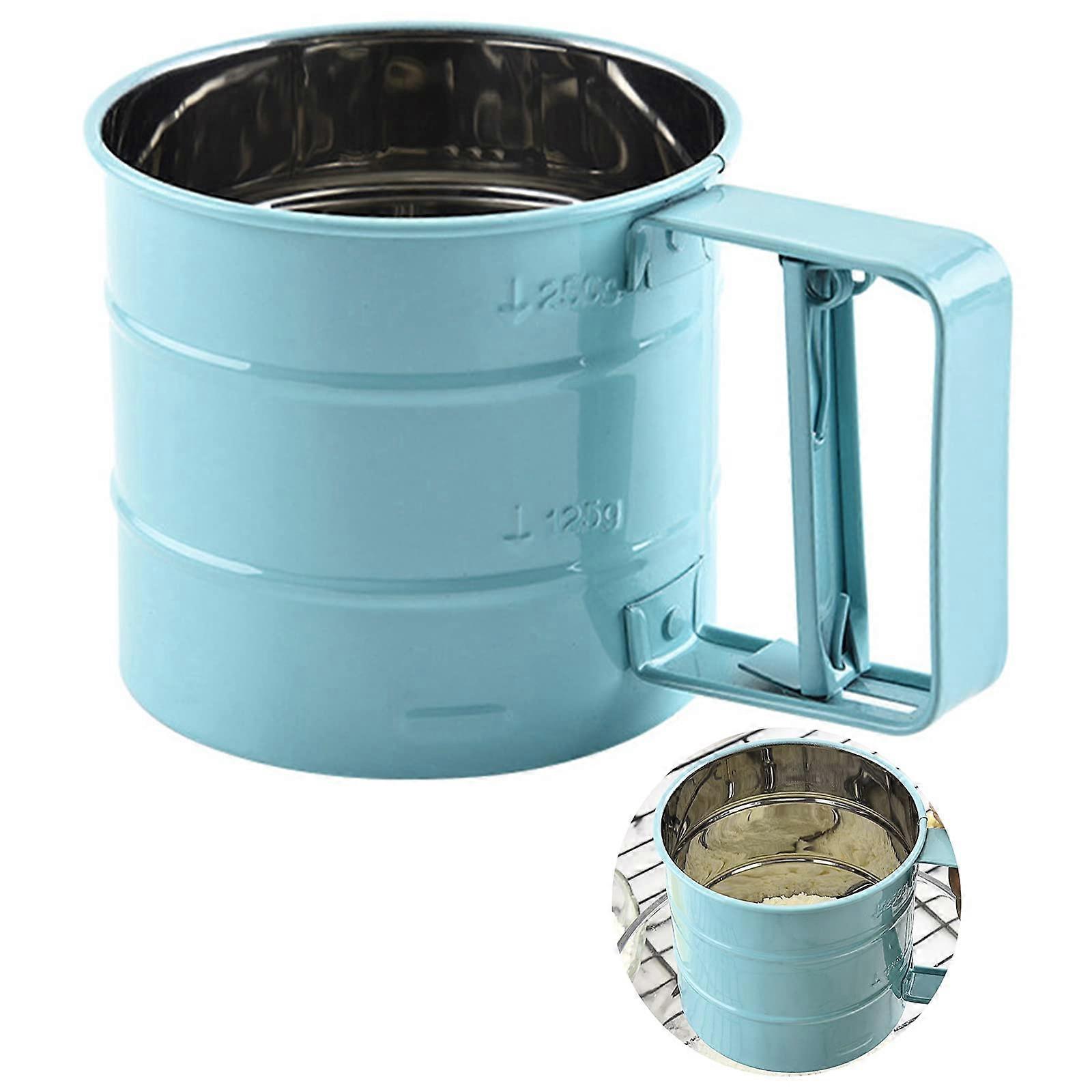 Stainless Steel Flour Sieve Cup with Fine Mesh for Baking, Semi Automatic 2 Cup Sifter Blue