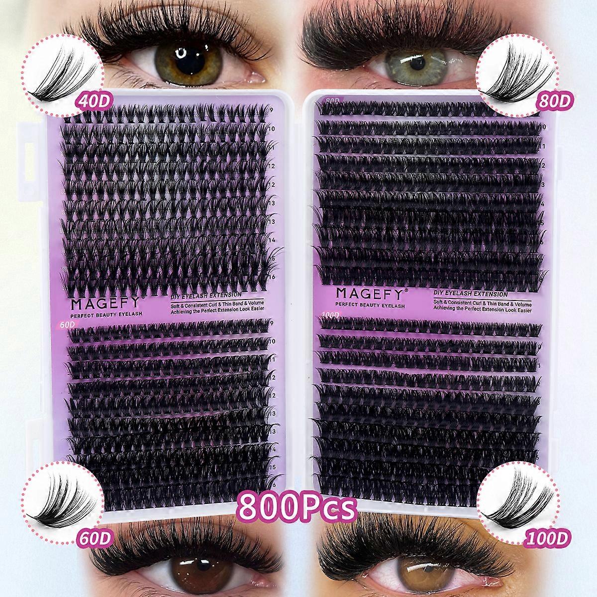 MAGEFY DIY Lashes Extensions Kit 800pcs Lash Clusters 80D/100D Wispy Individual Lashes Mix 9-18mm Cluster Eyelash Extension