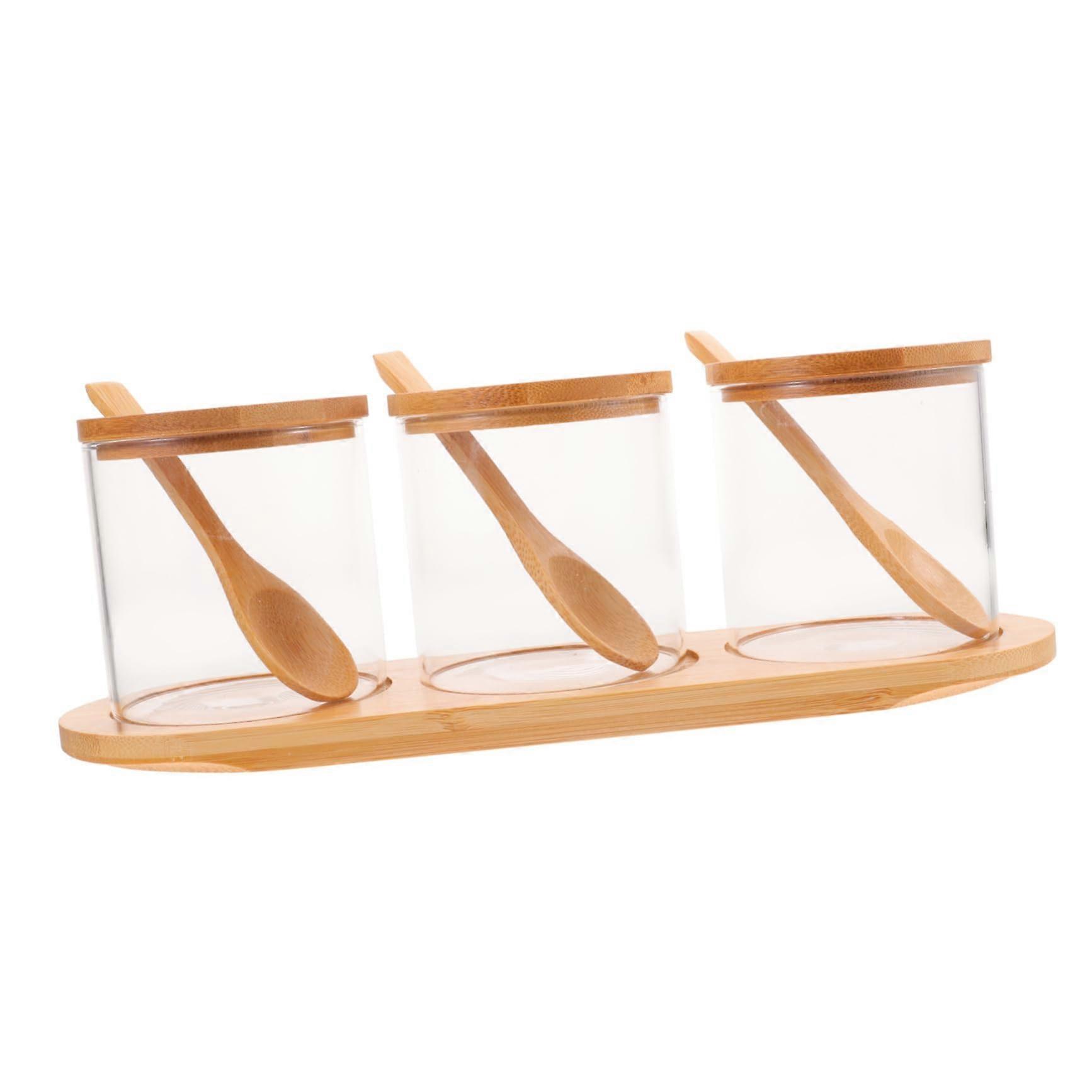 Spice Jar Set with Bamboo Lids and Spoons, Glass Seasoning Containers for Sugar Salt Kitchen Storage