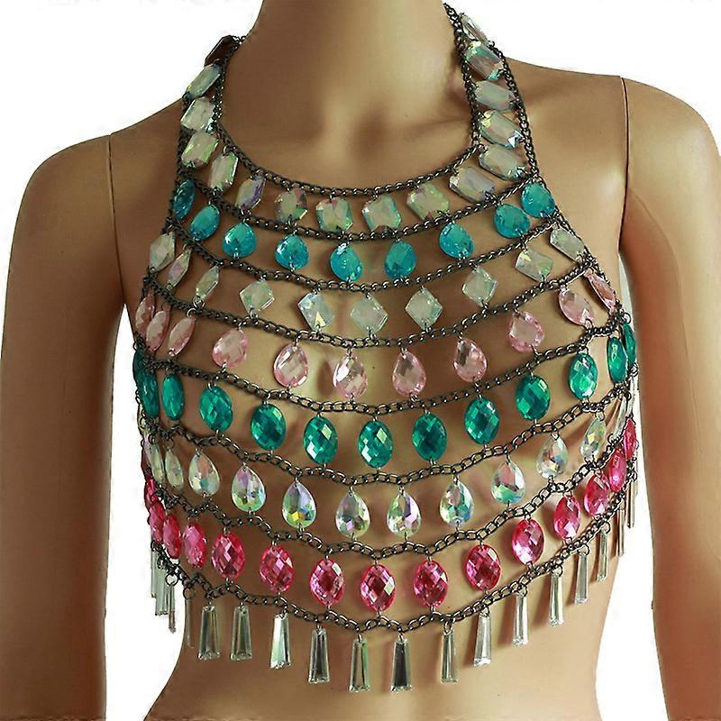 Classic Layered Beaded Body Chain Harness EDC Halter Crop Top Rave Outfit Festival Wear