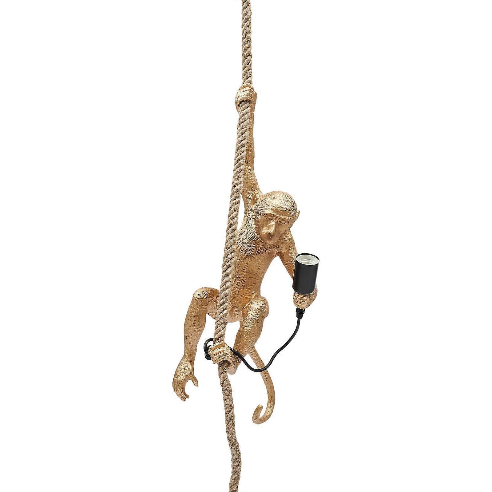 Monkey Pendant Light Vintage Resin Chandelier with Hemp Rope Adjustable Hanging Height Gold