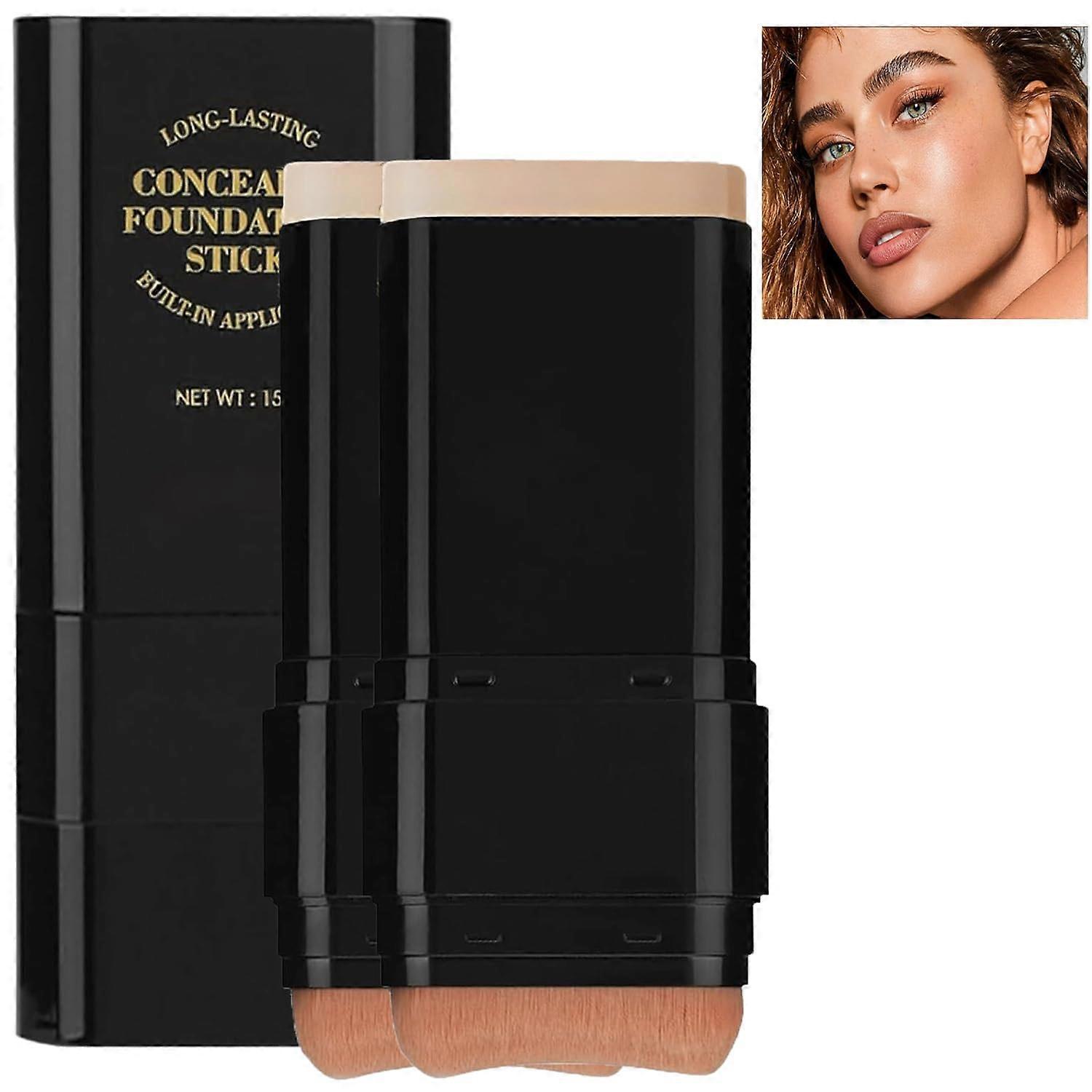 2 Pack Full Coverage Concealer and Foundation Stick with Brush, Waterproof Hydrating Light Skin 03