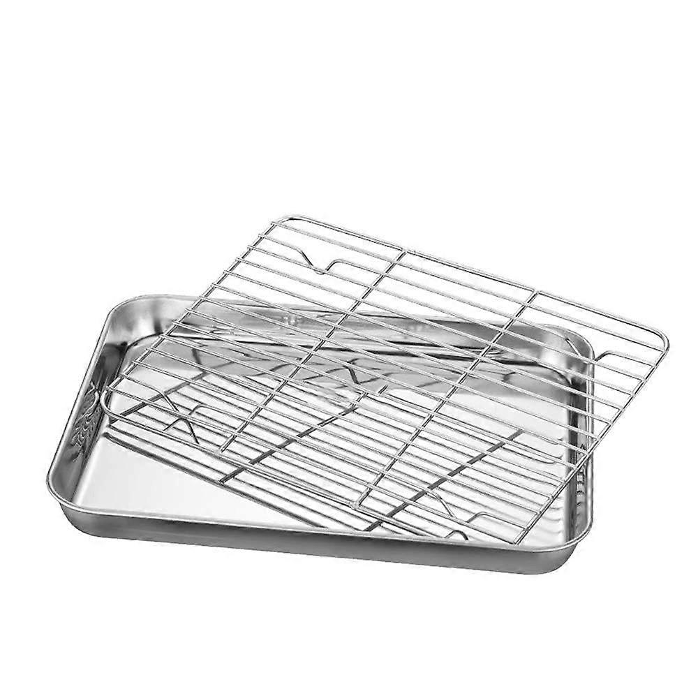 Stainless Steel Baking Tray with Cooling Rack, Flat Bottom Barbecue Drip Pan 40x30cm Bakeware Set