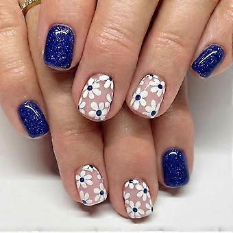 24Pcs Navy Blue Press on Nails Extra Short Square Spring Fake Nails Glossy False Nails with Small White Flower Design Stick on Nails Full Cover Acryl