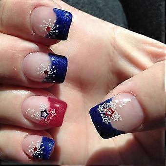4th of July Press on Nails Short Square Fake Nails with Blue Red French Tips Patriotic Design 24 Pcs