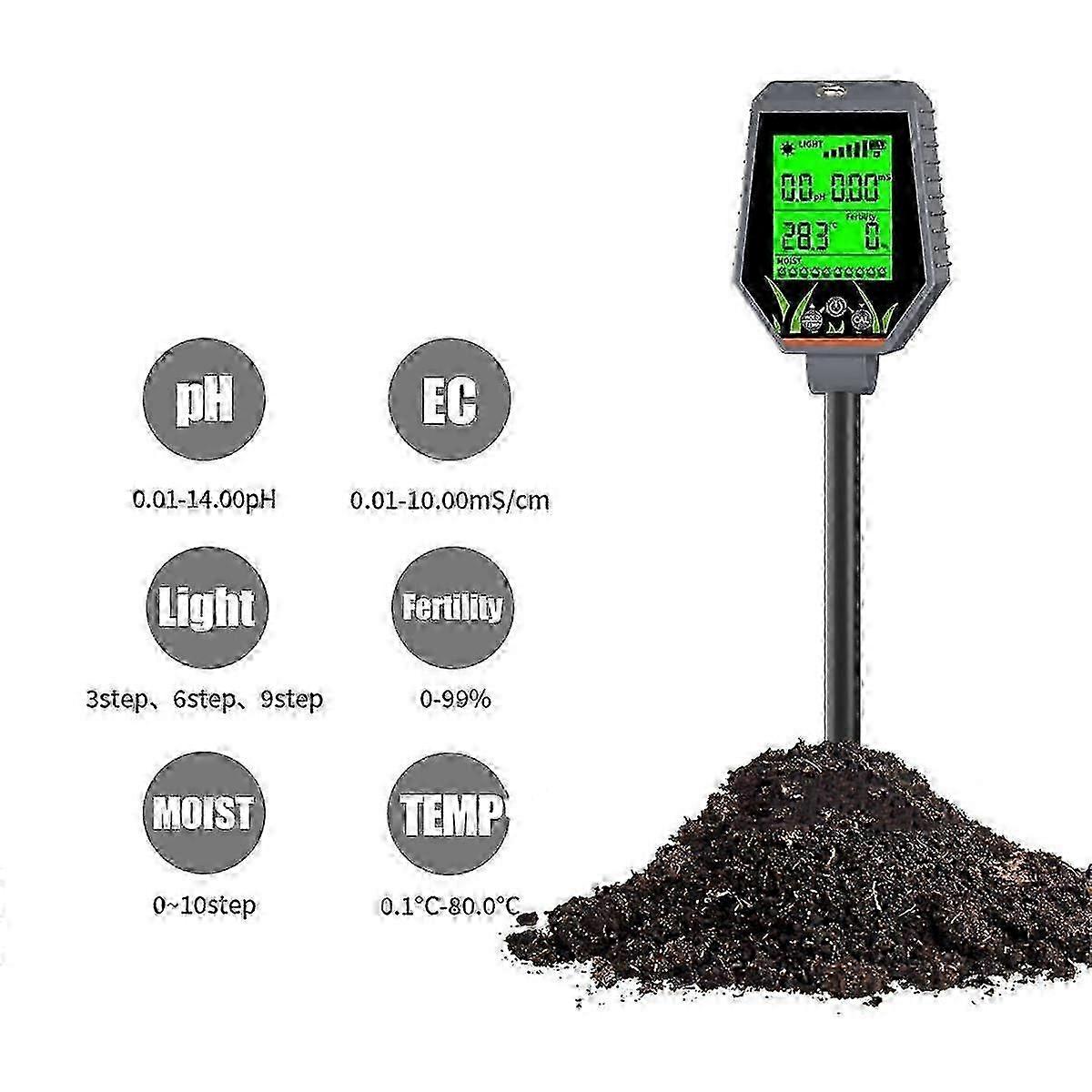 Accurate 6-in-1 Soil Testing Meter, Detects pH, EC, Light, Temperature and Humidity