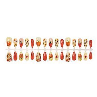Halloween Pumpkin Maple Leaf Autumn Press-On Nails, 30 pcs Almond False Nail Tips with Adhesive for Women and Girls