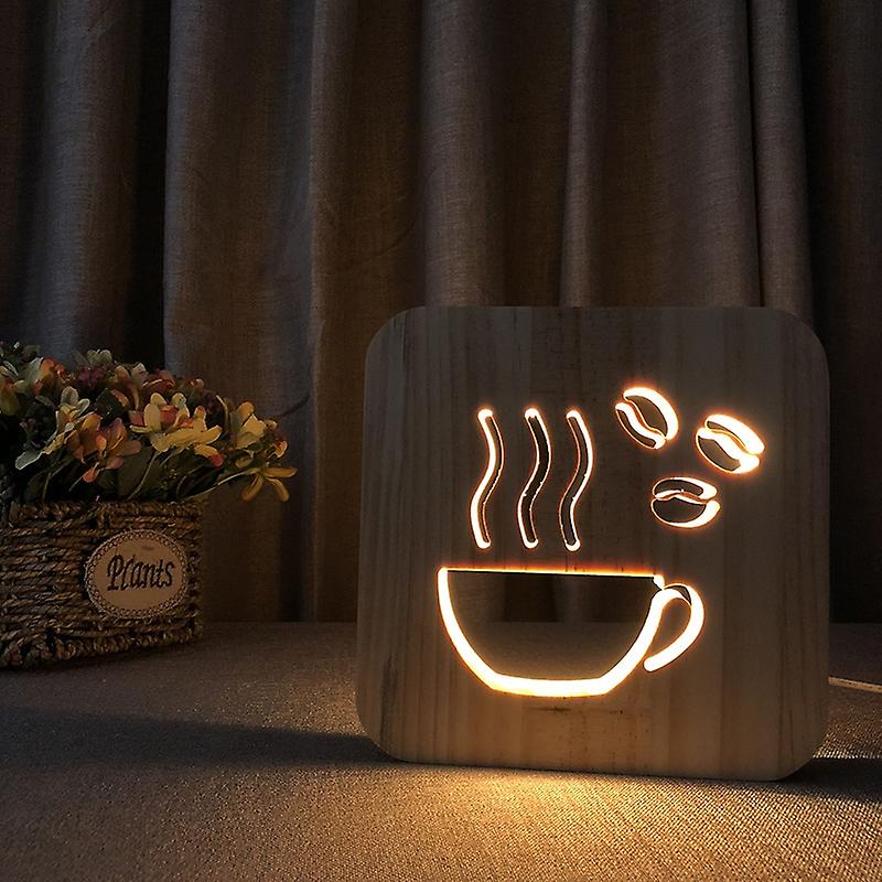 Lámpara de mesa de madera LED 3D dormitorio luz nocturna café