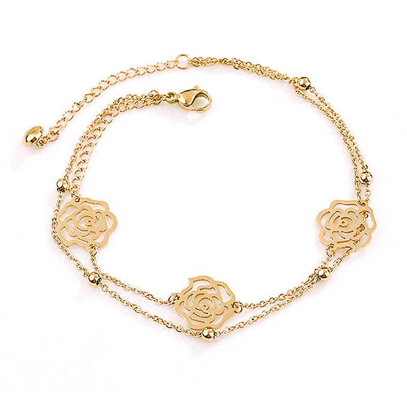 Sterling Silver Plated 18k Rose Gold Anklet Female Non-fading Double-layer Bells Girlfriend Foot Chain