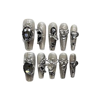Handmade False Nails with Rhinestone Decor Long Lasting Safe Material Waterproof False Nails for Women and Girl Nail Salon