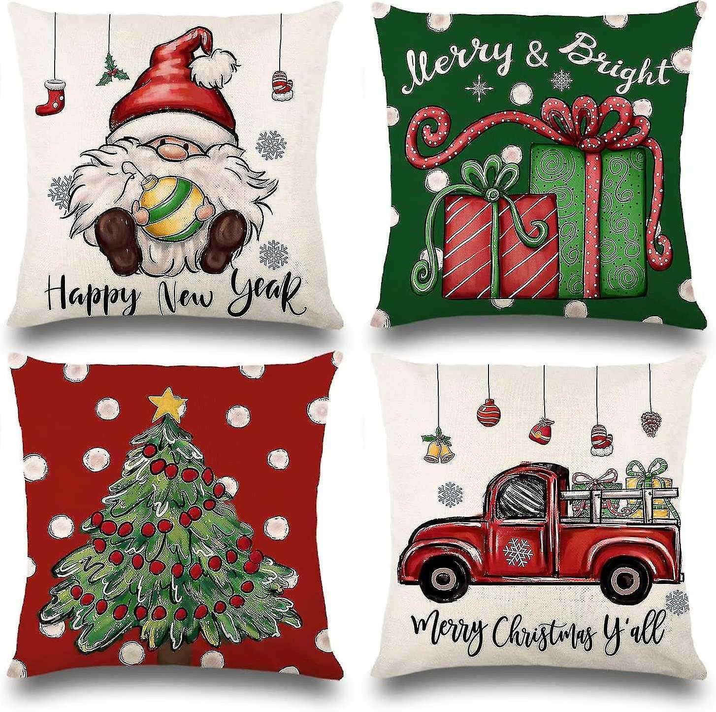 2023 New Christmas Throw Pillow Covers 18x18 Set Of 4 Green And Red Xmas Decorations Farmhouse Pill