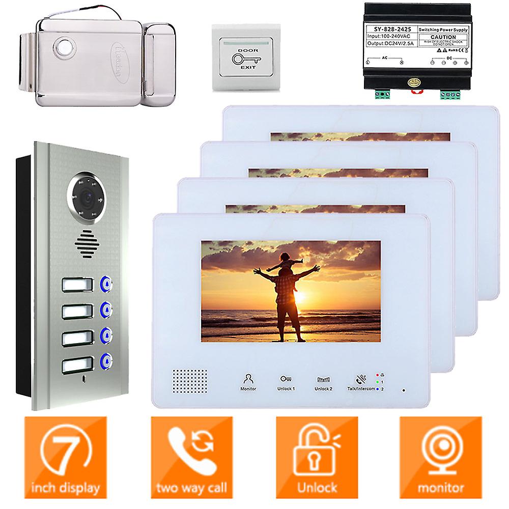 7 Inch Video Door Bell Phone Intercom System 1 Camera+4 Monitors +Electronic Door Lock