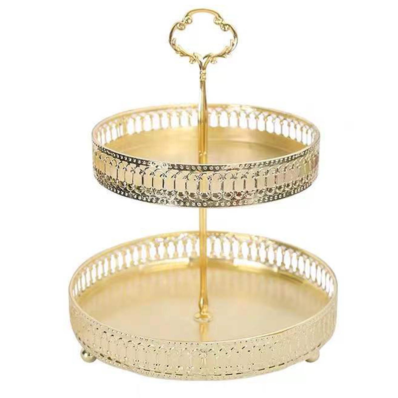 Double Layer Pastry Tray Decorative Copper Gold Biscuits Dessert Display Plate for Wedding Hollowed Out Vertical Grain