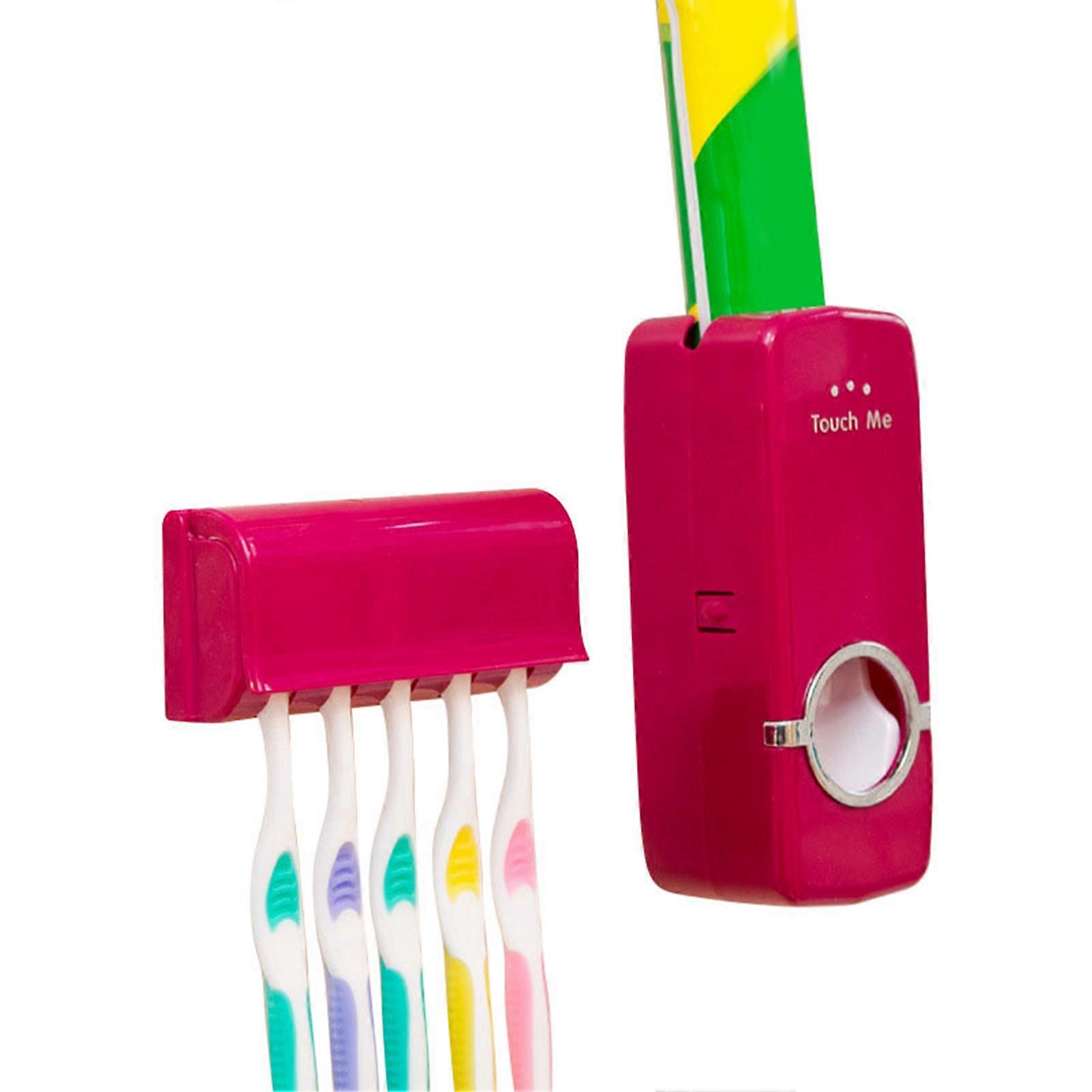 Automatic Toothpaste Dispenser Set Hanging 5 Toothbrushes Toothpaste Squeezer With Dustproof Toothbrush Holder For Home Red