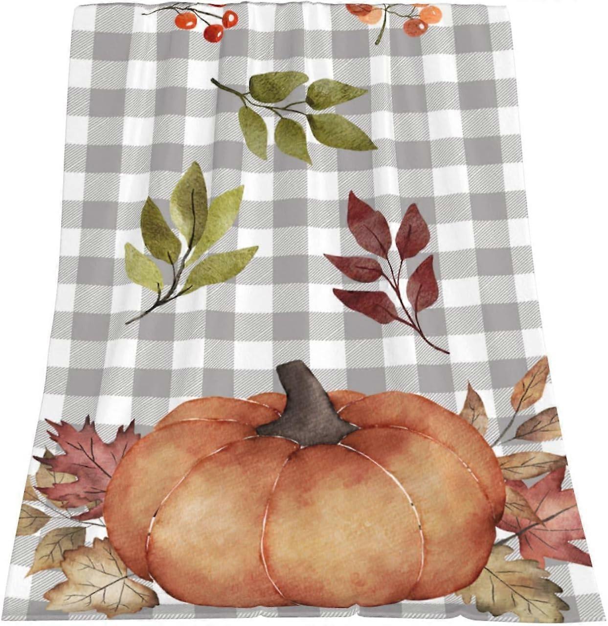 الخريف ديكور رمي البطانيات ، غاري والأبيض الجاموس تحقق منقوشة مع القرع البرتقالي رمي بطانية لأريكة السرير أريكة ، خفيفة الوزن ناعمة دافئة غامضة كوز