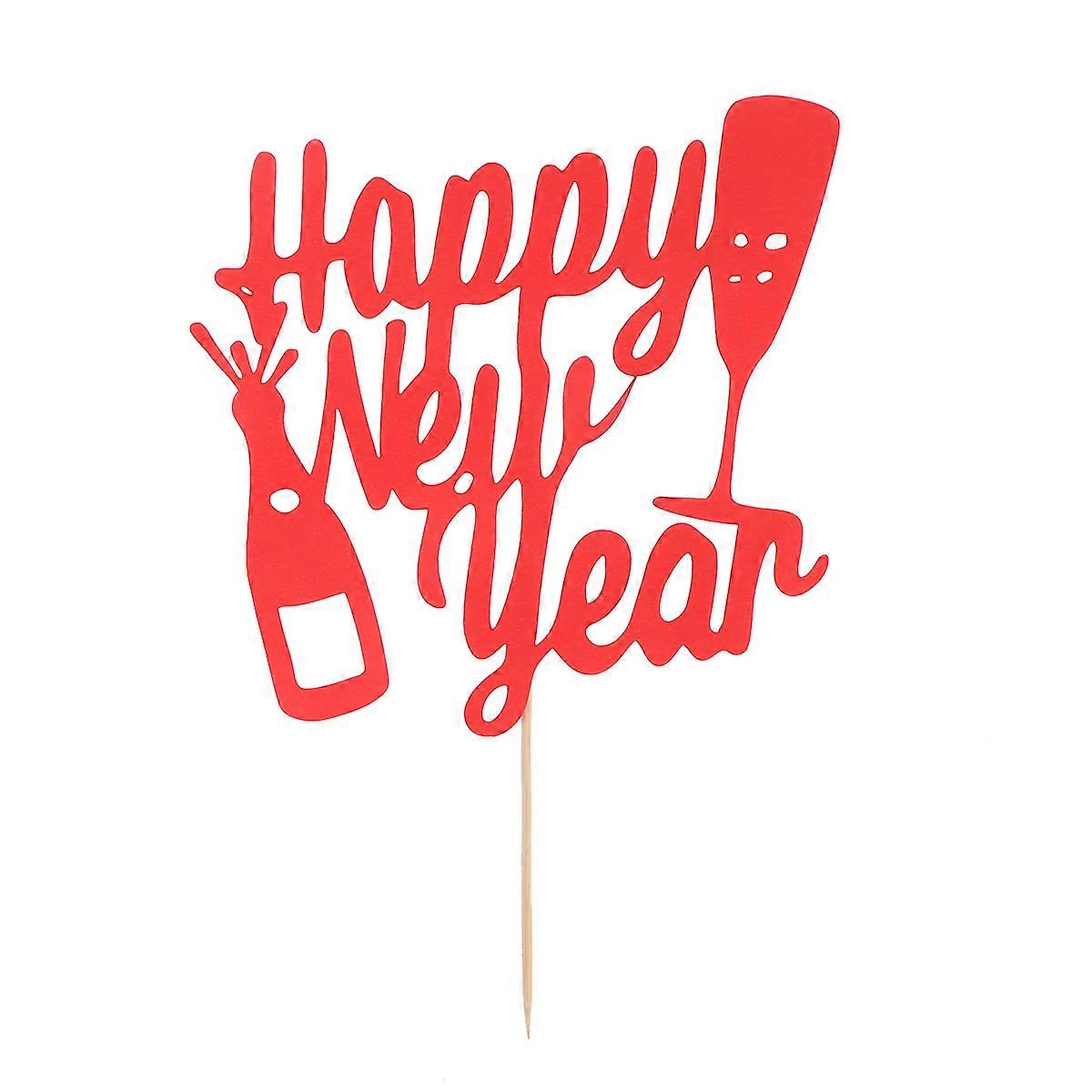 10 Pcs Glitter Paper Happy New Year Cake Topper Party Dessert Table Decorations with Sticks and Glue Red