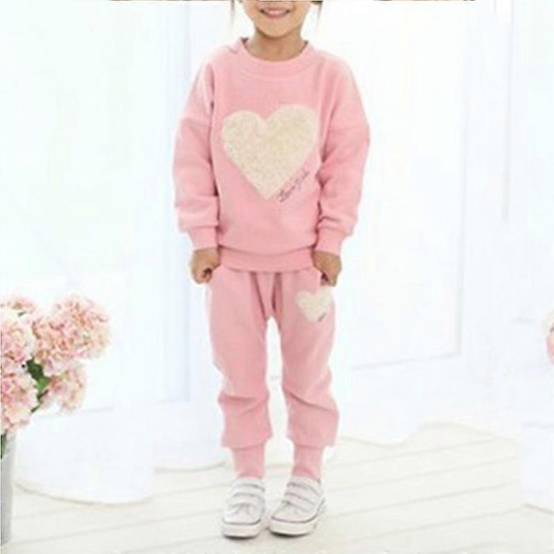 Çocuk Kızlar Spor Kıyafet Kalp Baskı Sweatshirt Üst Eşofman Seti